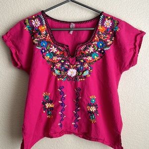 Floral Embroidered Shirt, size M. Pink with bright colors. Like new!!